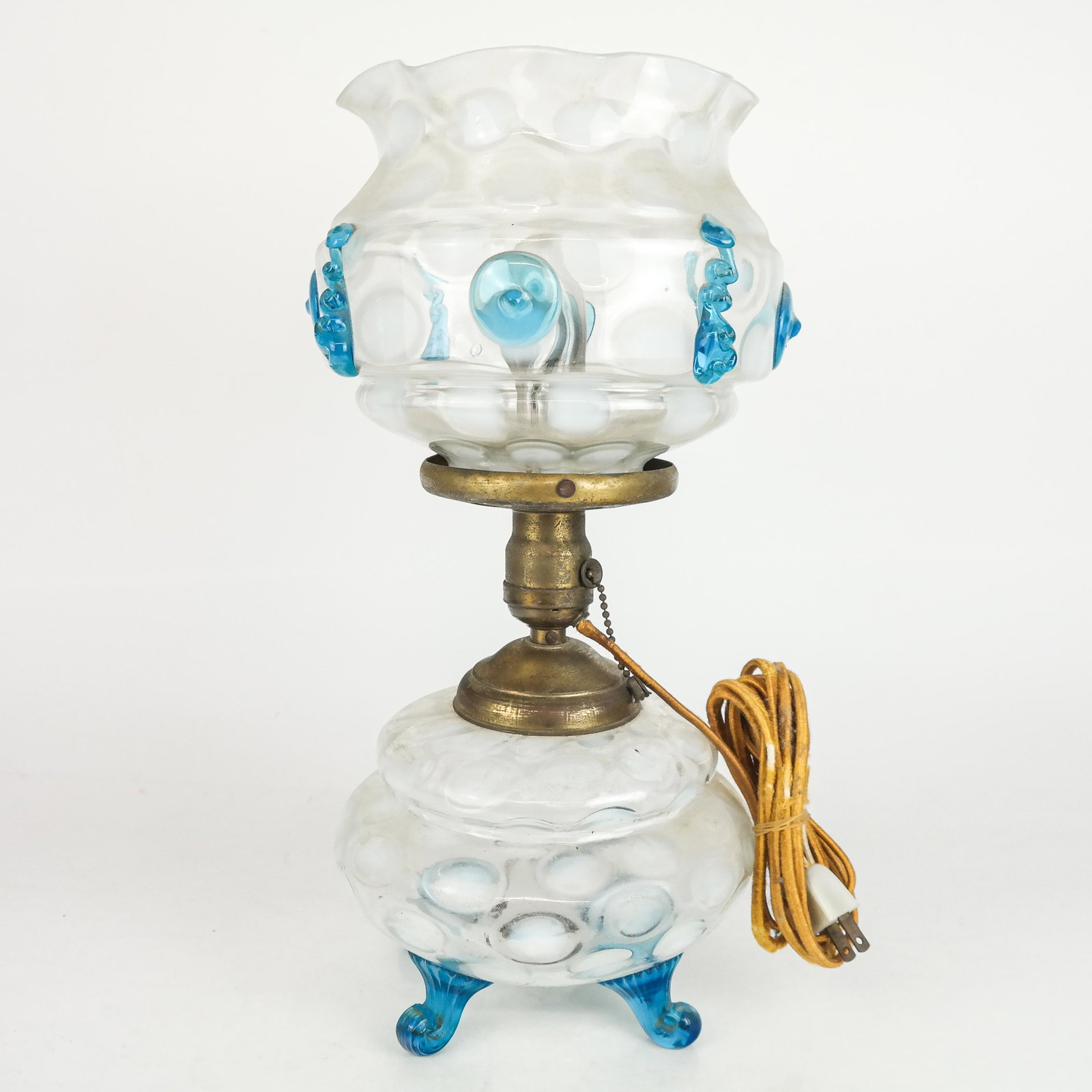 Victorian Blown Glass Boudoir/Hurricane Lamp: Victorian blown glass boudoir lamp, circa 1900. [16" H x 8 1/4" Diam.]. Scuffs, surface dust and residue.