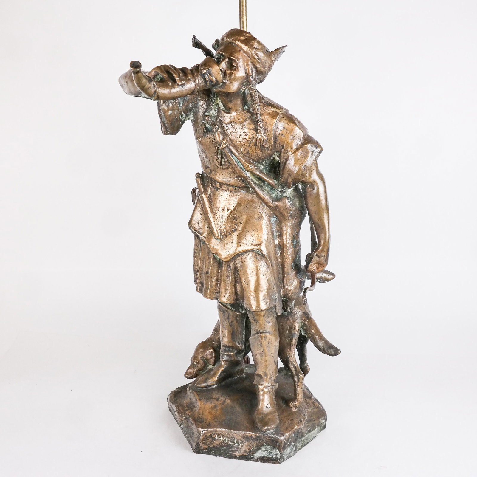 HOLLO: Bronze Hunter and Dog Sculpture: Bronze sculpture of a hunter and dog, signed "Hollo", probably for Barnabas Hollo (Hungarian, 1885-1917) polished patinated bronze of Northern European warrior and hunter drinking from a horn, with a 