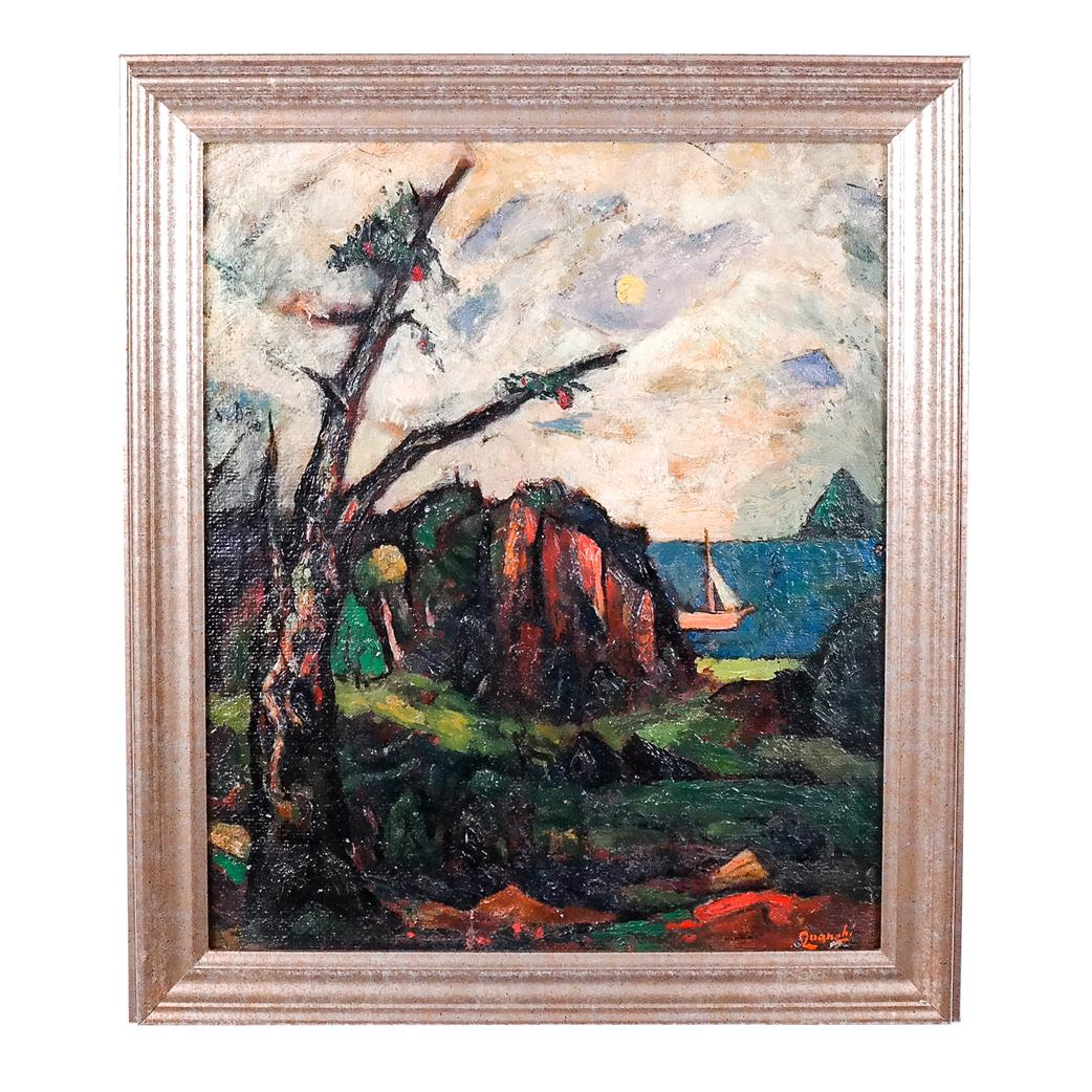 William Leo QUANCHI: Landscape - Oil Painting: William Leo Quanchi oil on canvas board painting of a landscape overlooking the sea, with a sailboat, signed lower right. [Art: 15" H x 13" W; Frame: 19" H x 16" W].