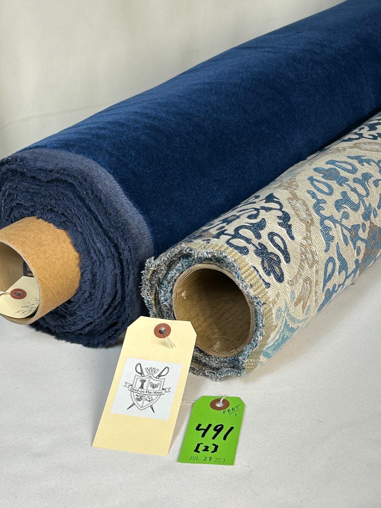 Osborne & Little and Maharam Blue Fabrics: 1) 4 yards of Osborne & Little's intricately woven jacquard of stylized Turkish roundels, and small diamonds. The title of "Claribel La Moulade" comes from Matisse's coastal landscape paintings. The c