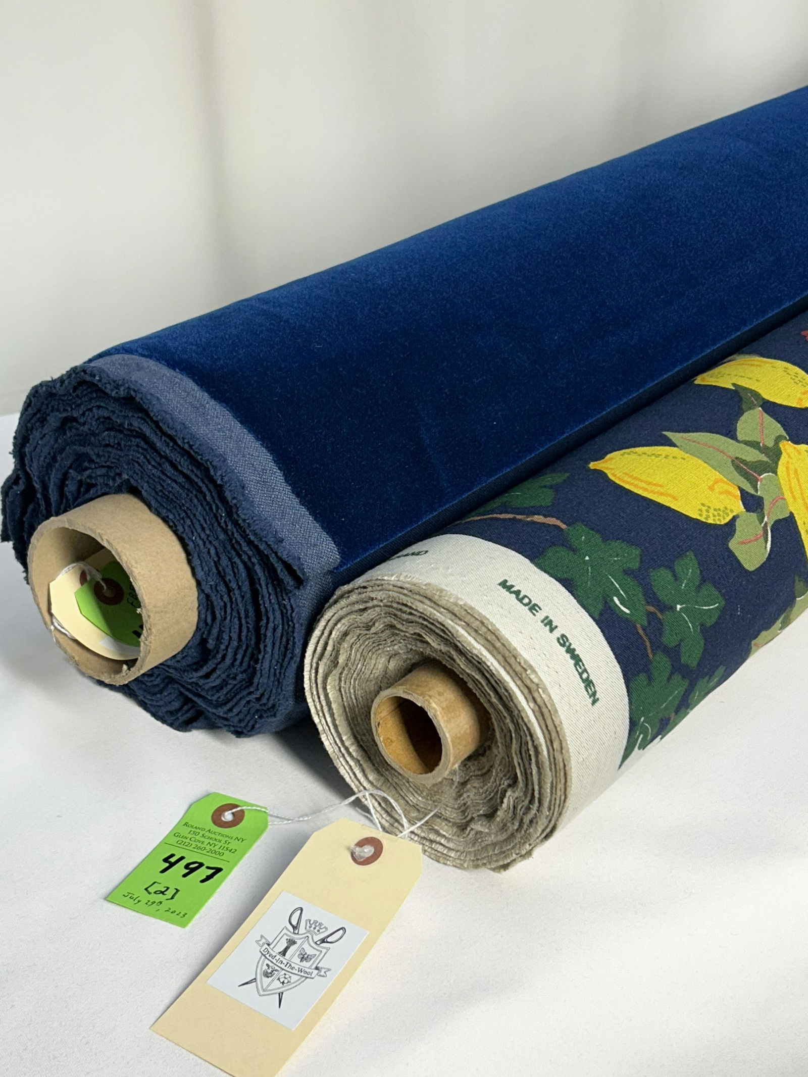 Jobs / Handtryck Print and S. Harris Mohair Fabric: 1) 24 yards of a Swedish hand-printed linen and cotton from Jobs Handtryck AB, called "Paradistrad", meaning "paradise tree", 51" wide. The large-scale multi on blue flora and fauna was designed by Ce