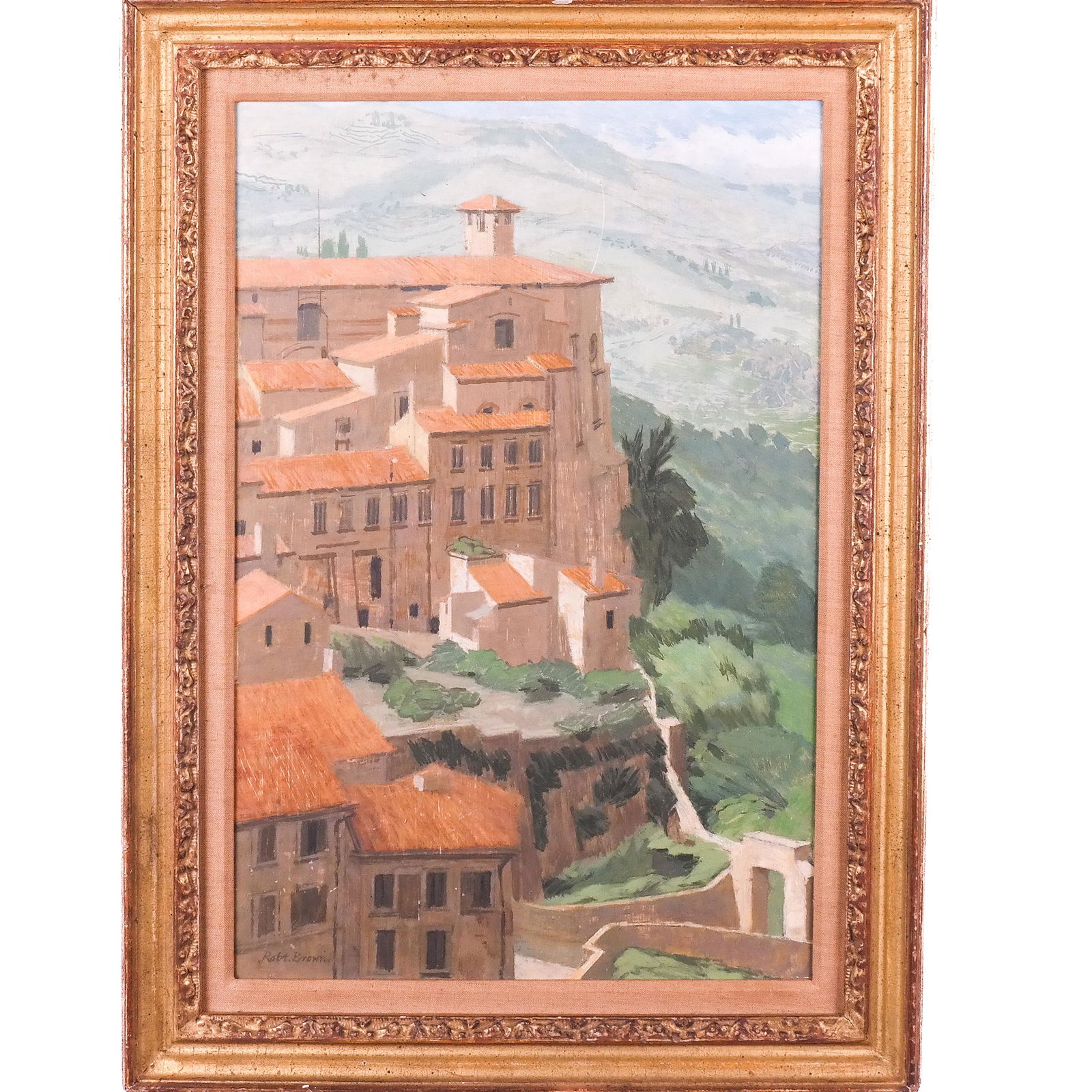 Robert BROWN: "Perugia" Village - Painting on Pane: Robert Brown framed painting on panel of a village scene, titled "Perugia". [Art: 20" H x 14" W; Frame: 27" H x 20" W]. In good condition.