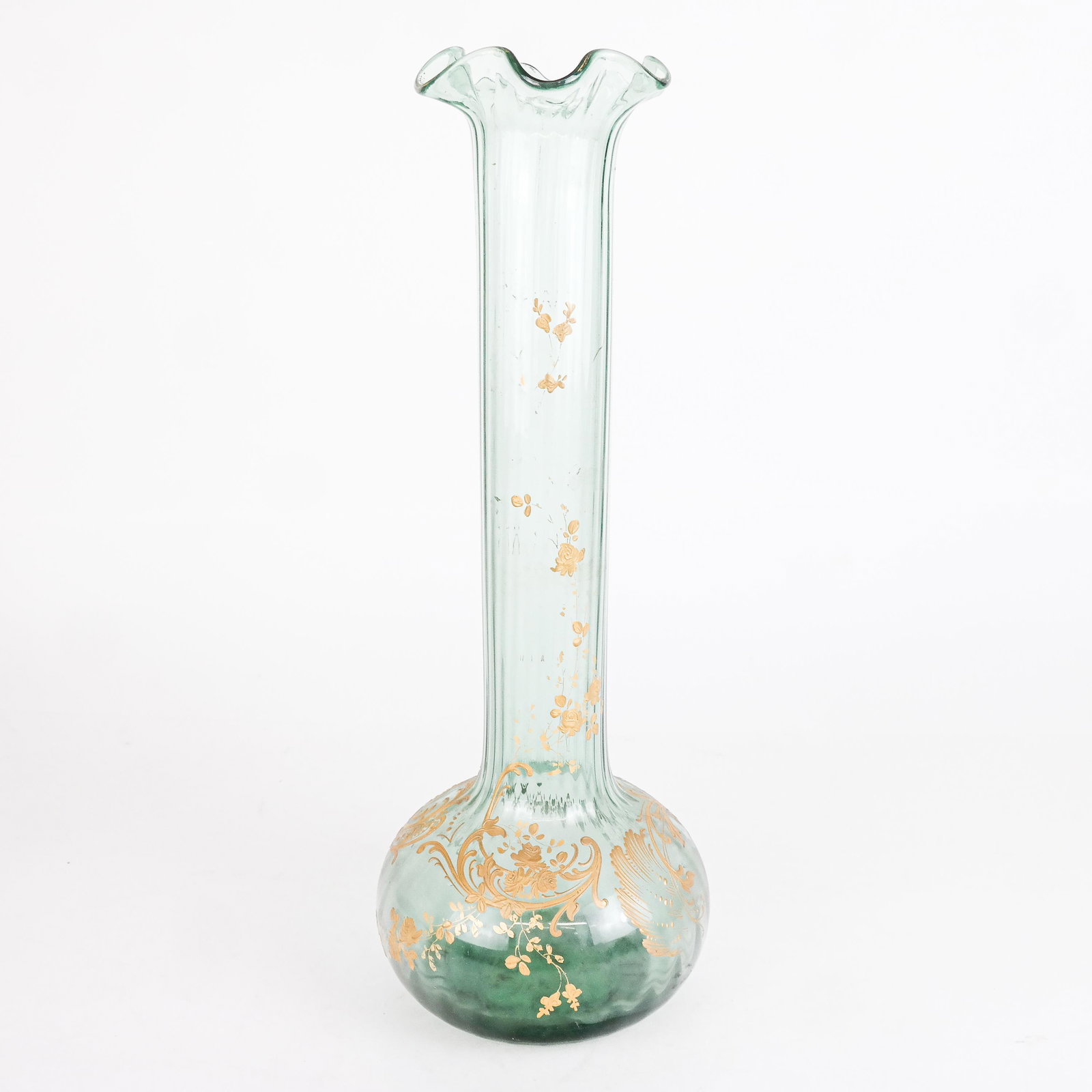 Tall Ribbed Green Glass Vase: Tall ribbed green glass vase with gilt motifs, circa 1900, probably French, with gilt Rococo decoration, with polished pontil; unmarked. [16 1/2" H x 6" Diam.]. Interior lightly soiled, otherwise in g