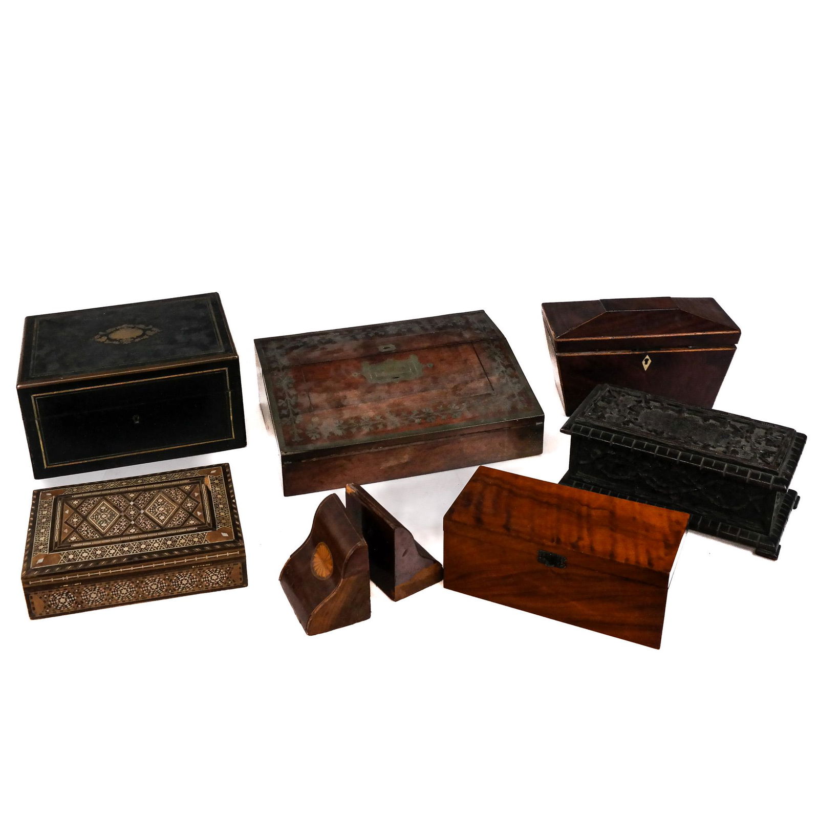 Group of Six Wooden Boxes & Pair of Bookends (1 of 10)