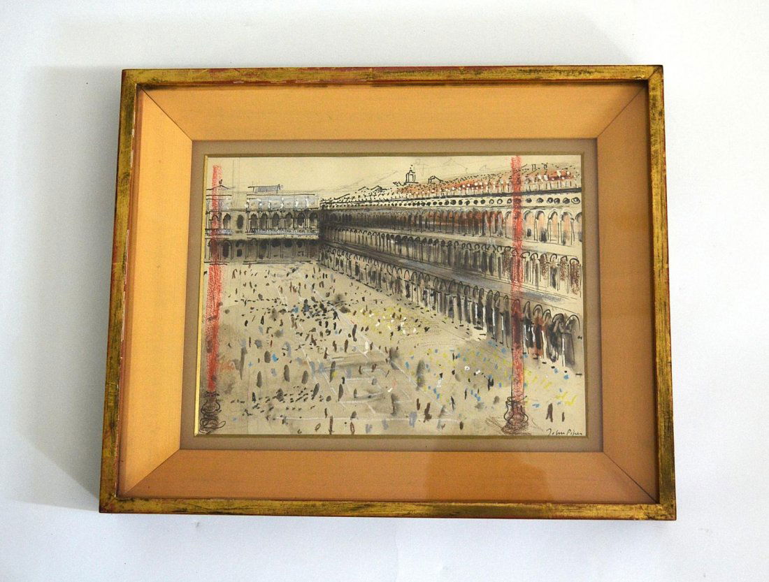 John Piper [British, 1903-1992] Watercolor and Ink: A watercolor and ink on paper depicting a view of Piazza San Marco. Signed lower right, "John Piper". Gilt framed and matted under glass: 10” x 13”. British, 20th C. Good condition. From the Estat