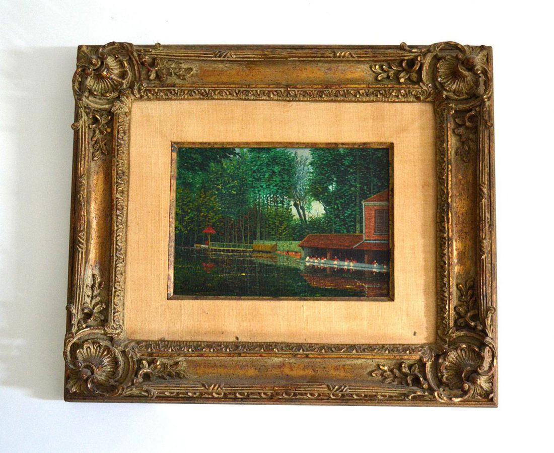 Camille Bombois, Lake House: An oil on canvas depicting a lake house. Signed lower left, "Bombois C"; [no label verso]. Gilt framed: 7.6” x 10.5”. French, 20th C. Good condition. From the Estate of Arthur Laurents. With prove