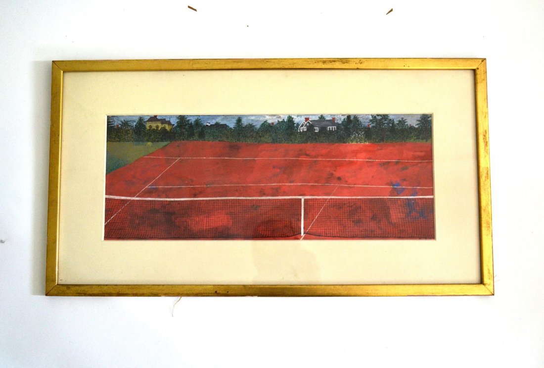 Ben Shahn, [American, 1898-1969] Tennis Court: A tempera on paper depicting a tennis court. Signed lower right, "Ben Shahn." Labels verso, "The Downtown Gallery, 1948"; "Directors Club 28th Annual National Exhibition, Lot 191, Submitted by Sevente