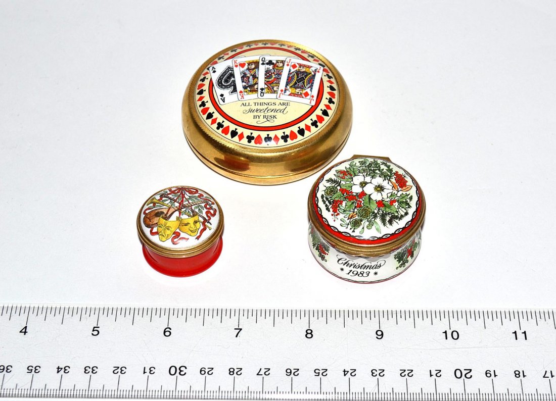 Three Halcyon Days Enamel Boxes: Including three boxes: "Christmas 1983", "All Things are Sweetened by Risk", together with another box. From the Estate of Arthur Laurents.