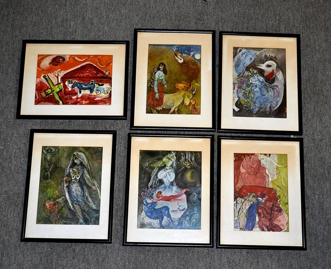 Marc Chagall, Six Prints: Set of six Marc Chagall prints with various subject matter. All matted and contained under glass in ebonized wood frames. Images: 10.5" x 8.25". Frames: 15.25" x 11.75". All mattes bear age-toning. Fr