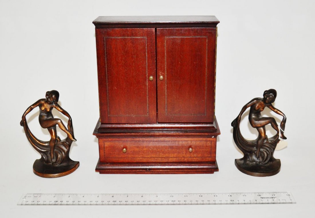Group of Assorted Items: 20th C. items including a pair of iron bookends, a miniature armoire, etc. From the Estate of Arthur Laurents.