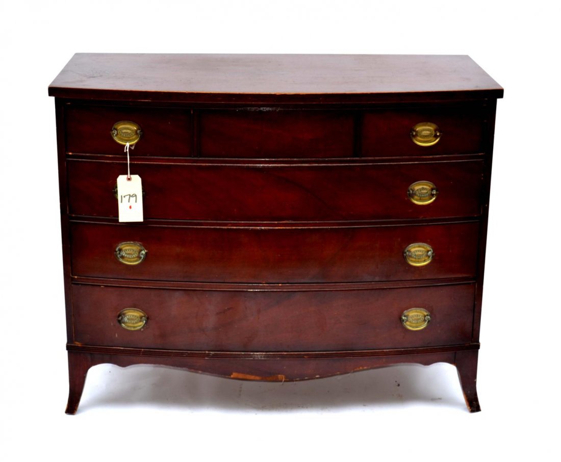 Hepplewhite-Style Mahogany Bow-Front Chest: A Hepplewhite-style mahogany bow-front chest. American, 20th C. Good condition. From the Estate of Arthur Laurents.