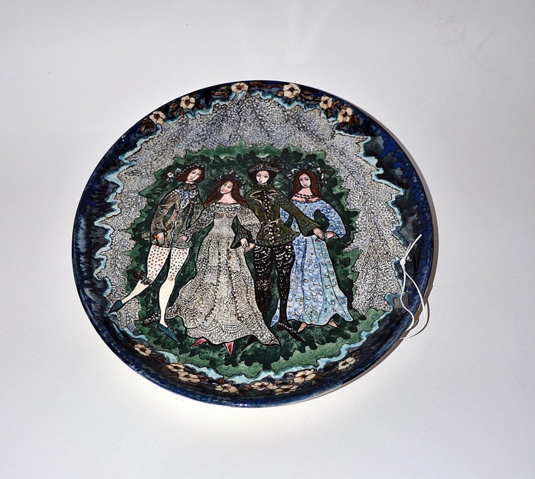 Oval Porcelain Charger: An oval porcelain charger depicting two couples. Signed, "Nina Balaban." Russian, 20th C.Good condition. From the Estate of Arthur Laurents.