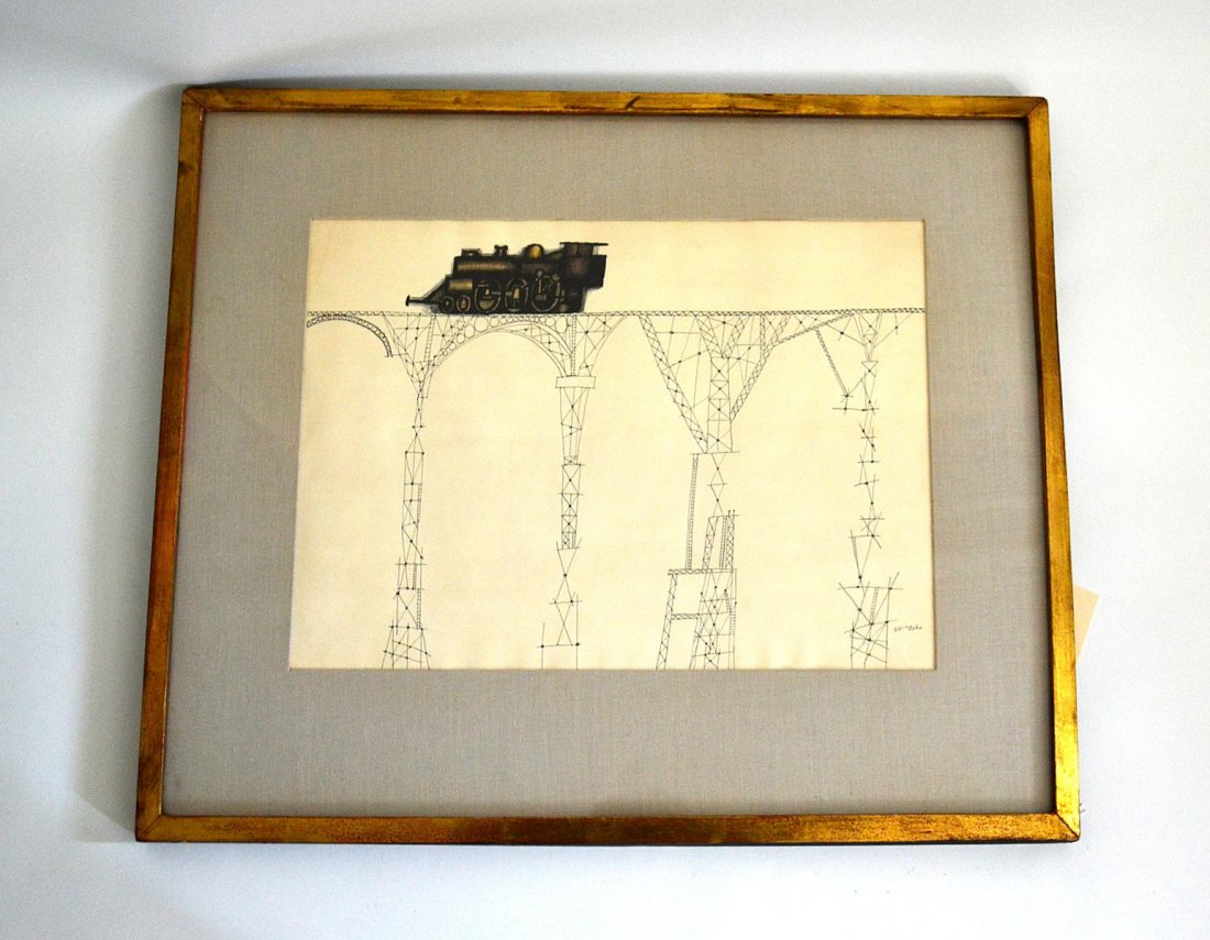 Saul Steinberg, [American, 1914-1994] Ink on Paper: An ink on paper, titled: "Engine on Bridge" signed and stamped lower right, "Steinberg". Inscribed verso, "Steinberg, Engine on Bridge [6]" and monogrammed. Gilt framed and matted under glass: 14.4" x