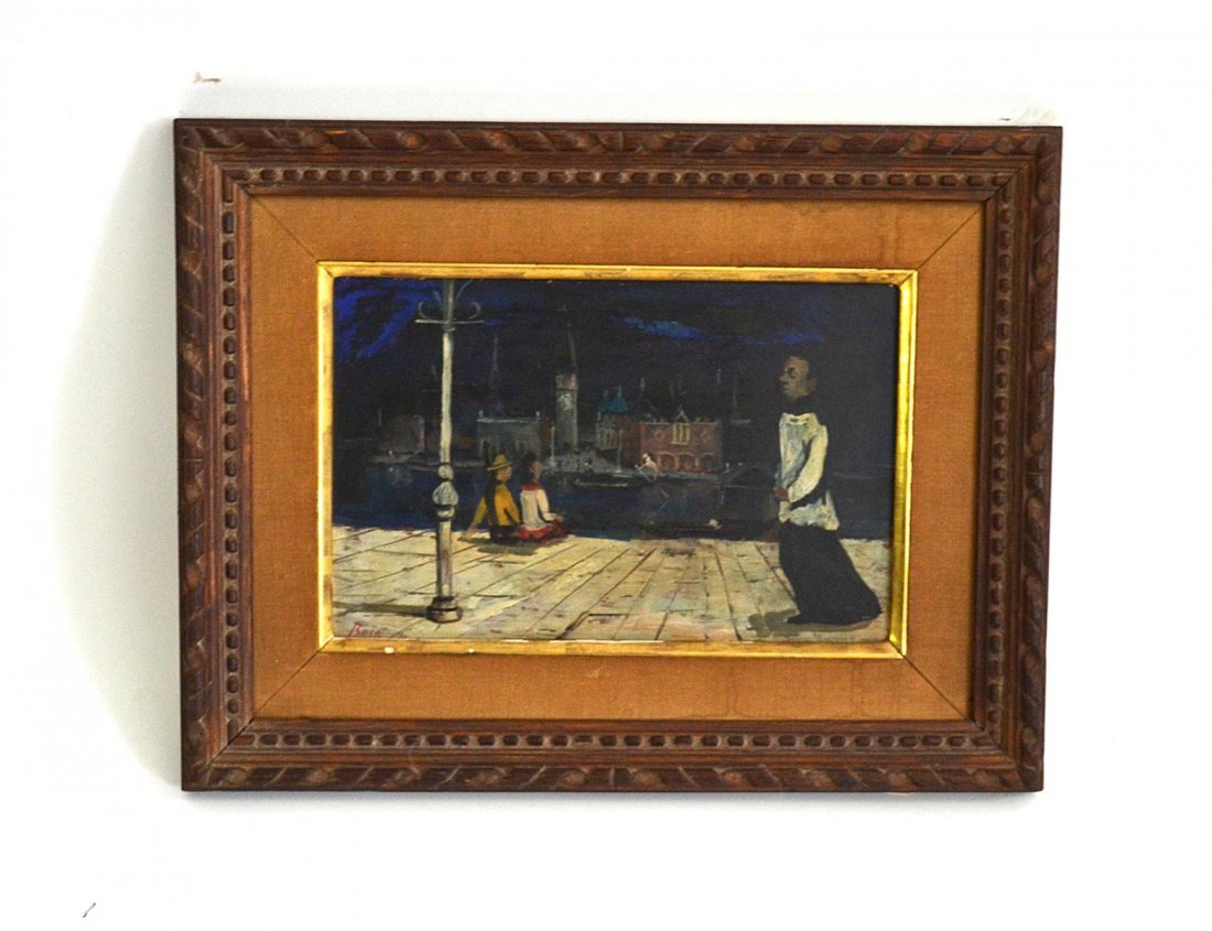 Louis Bosa [Italian, 1905-1981] Oil on Board: An oil on board, entitled, "Moonlit Venice." Label verso, "Kleeman Galleries, East 57th St, New York, Louis Bosa, #243 1953". Italian, 20th C. Good condition. From the Estate of Arthur Laurents. With 