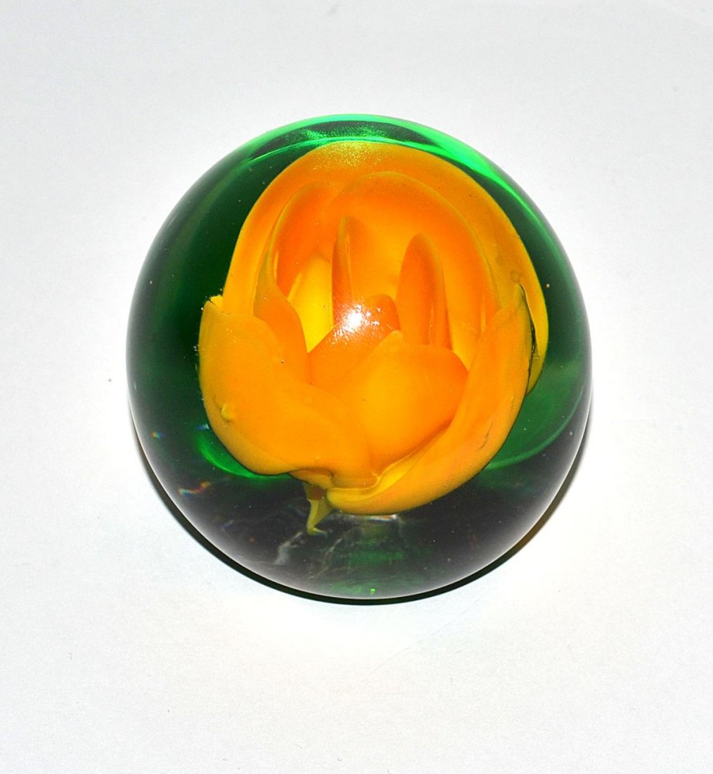 Prestige Art Glass Crystal Paperweight: Having a flower inside, signed and dated 2005. From the Estate of Arthur Laurents.
