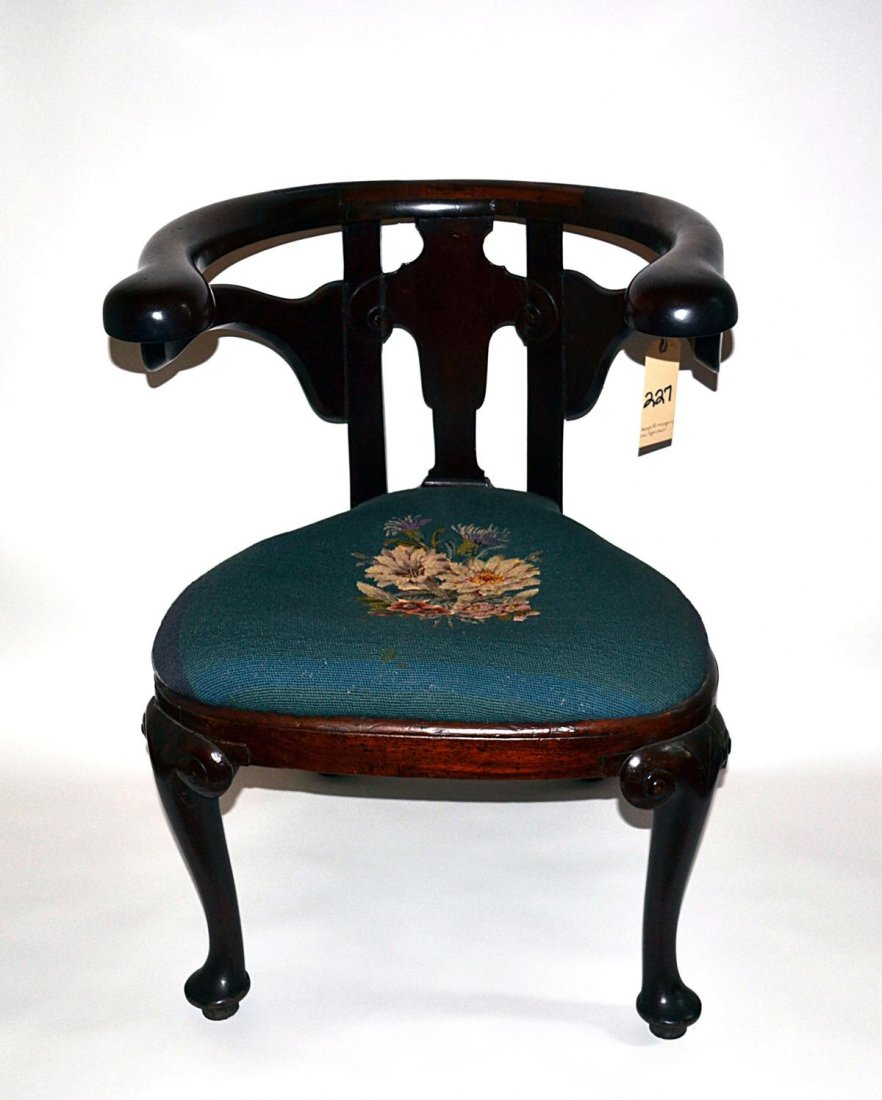 George II Mahogany Cock Fight Chair: 19th C. English mahogany chair composed of a pierced lyre back on pad feet with a needlepoint seat. The back is repaired and the corner blocks are replaced; good condition. From the Estate of Arthur L
