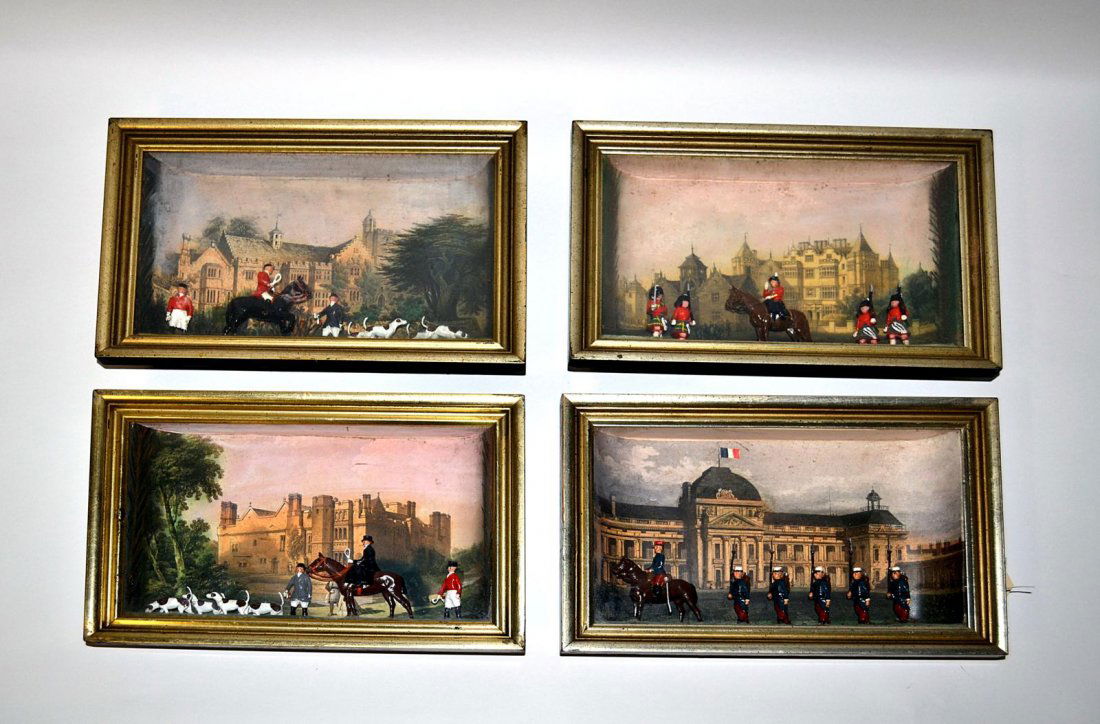 Four Shadow Box Scenes: Set of four English scenes, two depicting hunt scenes with riders, horses, and dogs and the other two depicting soldiers on foot and horseback. All are sculptures, each one in shadow boxes. 8 1/2" x 1