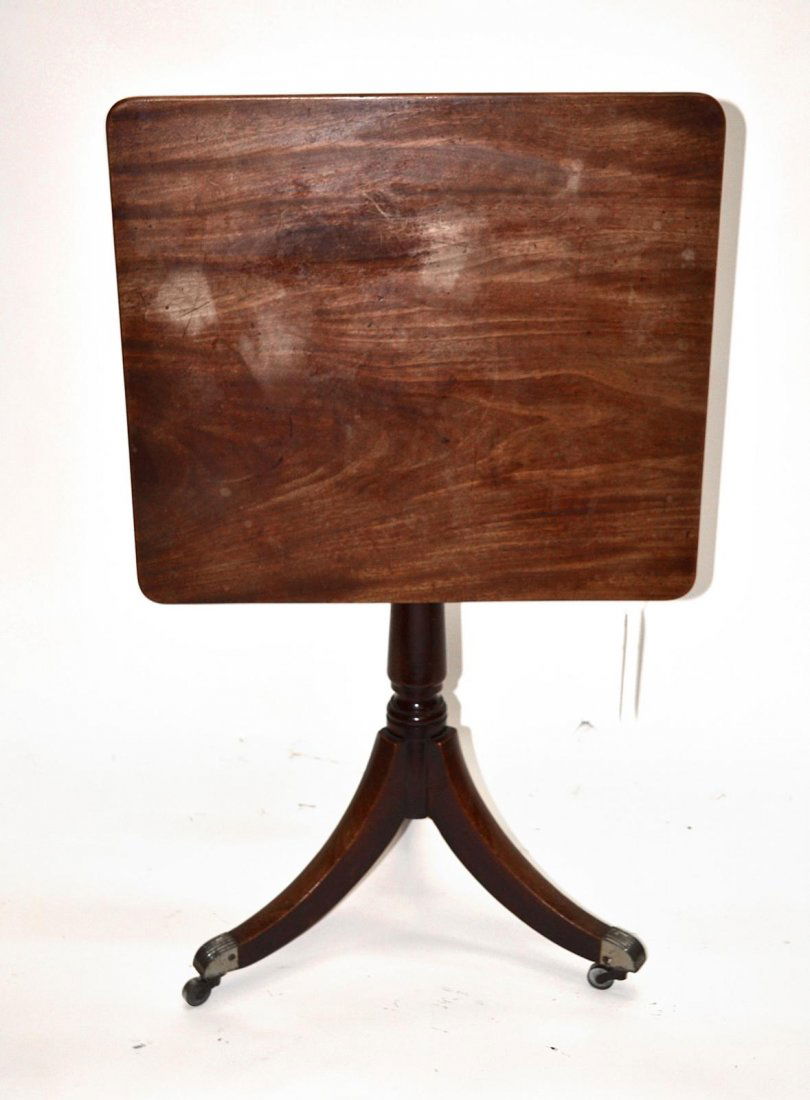 Georgian Tilt Table: English mahogany rectangular tilt-top table on a tripod base. From Asprey, NY. 24" x 21" x 28 3/4" H, 41" H [tilted].