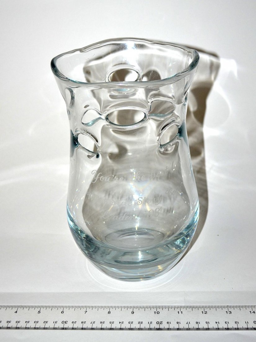 West Side Story 1997 Presentation Vase: Krosno art glass vase bearing etched inscription: "You're the best! / West Side Story Co. / London '98". Presented to Arthur Laurents by the cast of the 1997 London revival. 6 1/4" Dia x 10 1/8" H. In