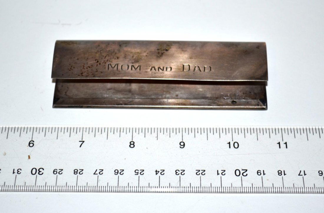 "A Clearing in the Woods" Page Holder [1.19 ozt]: An opening night gift from Arthur Laurents' parents. Engraved sterling silver page holder with trees and inscription: "A Clearing in the Woods" / Belasco Theatre, January 10, 1957". Reverse engraved: