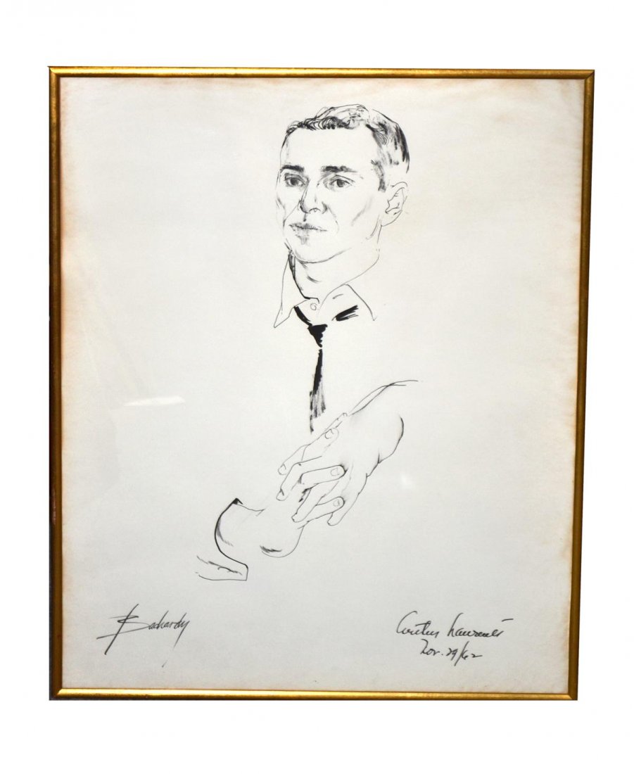Don Bachardy, Signed Portrait: Arthur Laurents: Bust-length, 3/4 profile depiction of Mr. Laurents in a relaxed pose with fingers interlocked. Boldly signed by the artist: "Bachardy" at bottom left, and by the sitter: "Arthur Laurents / Nov. 29/62"