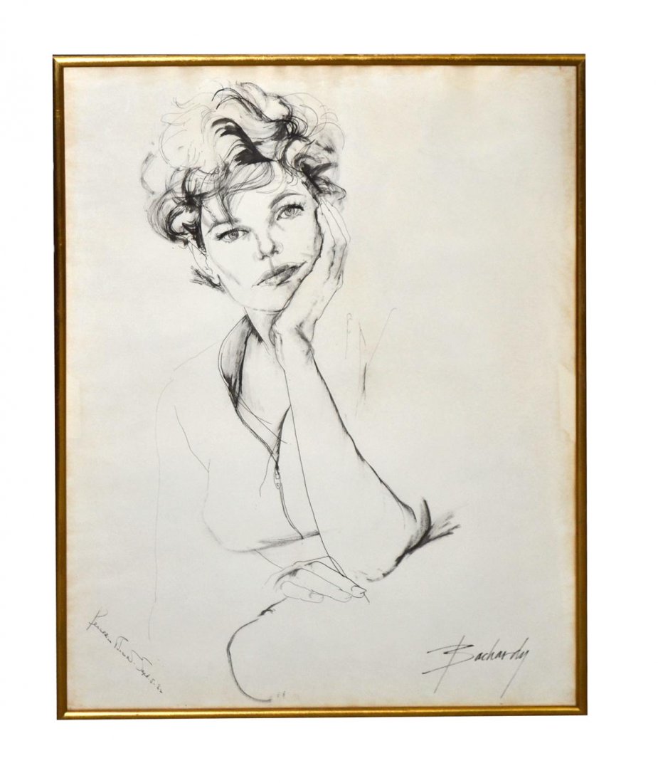 Don Bachardy, Portrait: Geraldine Brooks: Bust-length full-profile pose of the actress holding her left hand to her chin. Signed by the artist: "Bachardy" at bottom right, and by the sitter: "Geraldine Brooks, Sept. 5 '62" at bottom left. Lig