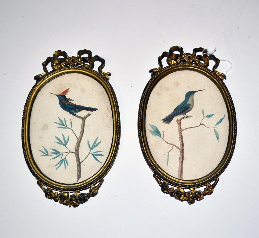 Pair of Bird Prints: Pair of bronze doré framed bird prints. 5" x 8" [overall].