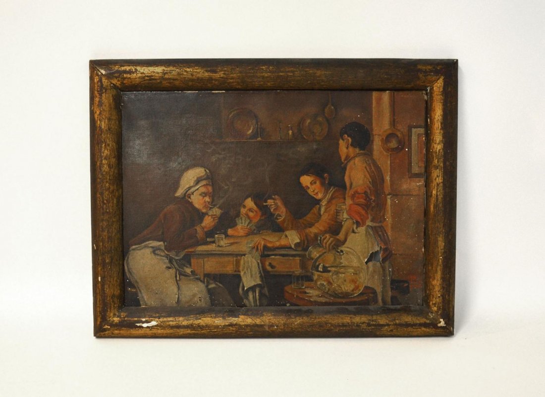 1914 Oil on Canvas, Boys Playing Cards: Interior scene depicting a group of boys smoking cigarettes and playing cards. Signed illegibly at bottom right. Image: 123/4" x 17 3/4". Frame: 16 1/2" x 21 1/2". As is, irregular 1" loss at lower ri