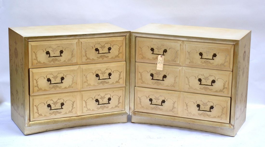 Pair of Decorated Chests: Pair of decorated chests. Each bear "John Stuart / Grand Rapids / New York" metal tags inside top drawers. 36" wide x 20-1/4" deep x 32-1/4" high. Scuffs, scratches, and wear at edges, otherwise compl