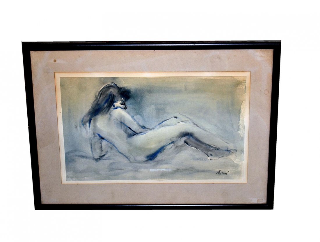 "Cersomi" Study of a Nude: Framed watercolor depicting a reclining nude. From the Estate of Arthur Laurents.