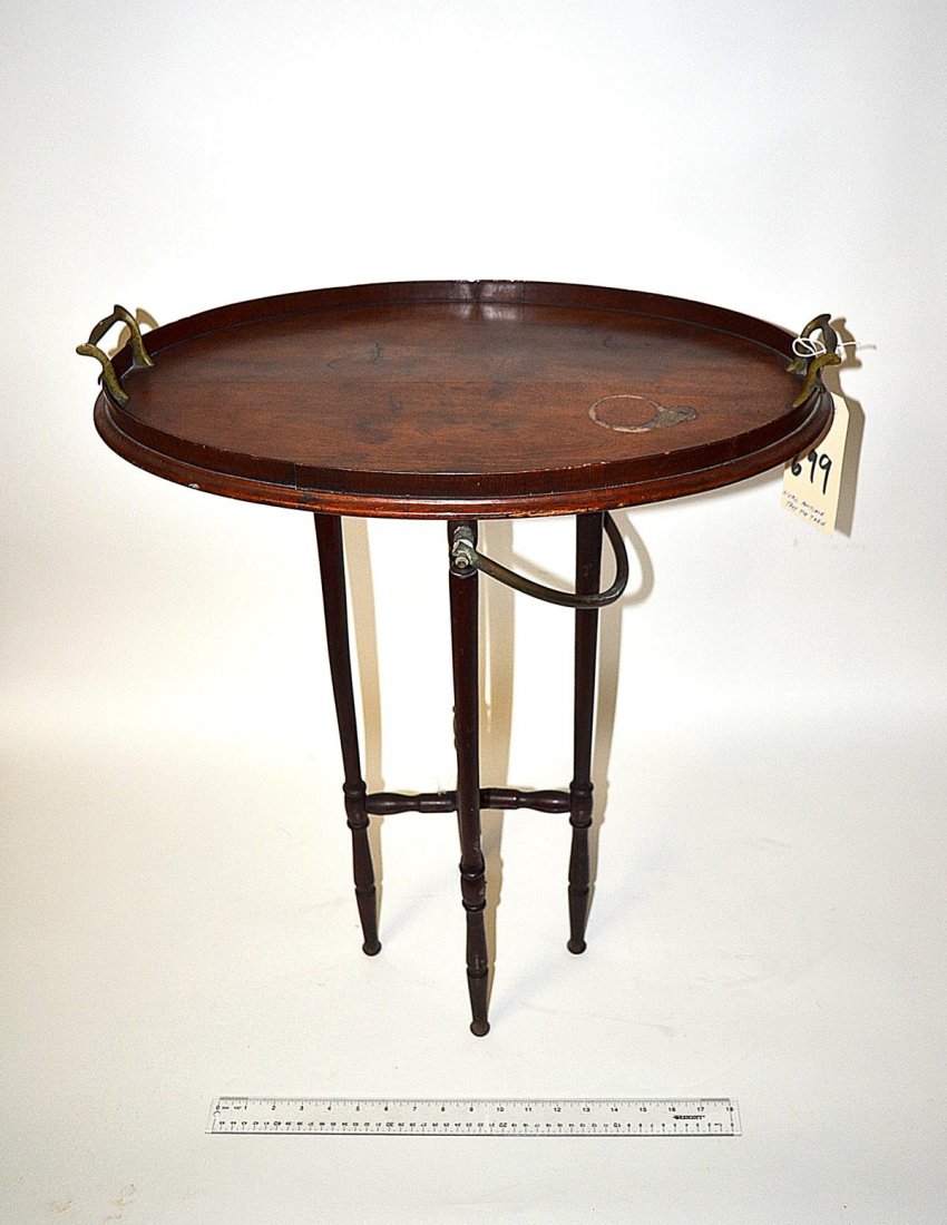 Antique Tray Top Table: Late 19th/Early 20th C. tray on stand with brass handles. Fair condition. From the Estate of Arthur Laurents.