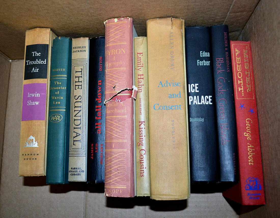 Book Lot: 1st Editions [10 Books]: Includes: George Abbott's 'Mister Abbott', Edna Beriser's 'Ice Palace', Emily Hahn's 'Kissing Cousins', Shirley Jackson's 'The Sundial', and Irwin Shaw's 'The Troubled Air', among others. No dust jack