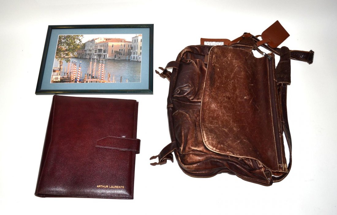 Group of Memorabilia, Including Arthur's Bag: Features Mr. Laurents' personal brown leather valise with shoulder strap, a cordovan leather binder gilt stamped "Arthur Laurents" on cover at bottom right corner, and a framed photo of a Venetian pal