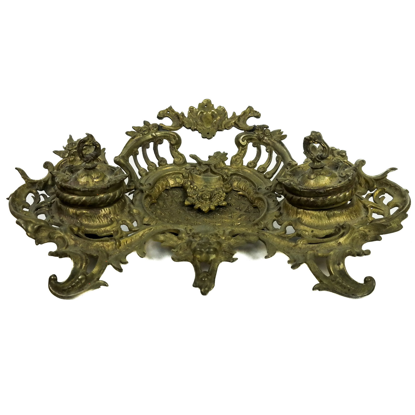 Rococo Revival Gilt Bronze Inkwell: Rococo Revival gilt bronze inkwell, early 20th century. [3 3/4" H x 15 3/4" W x 11" D]. Residue, oxidation and wear.