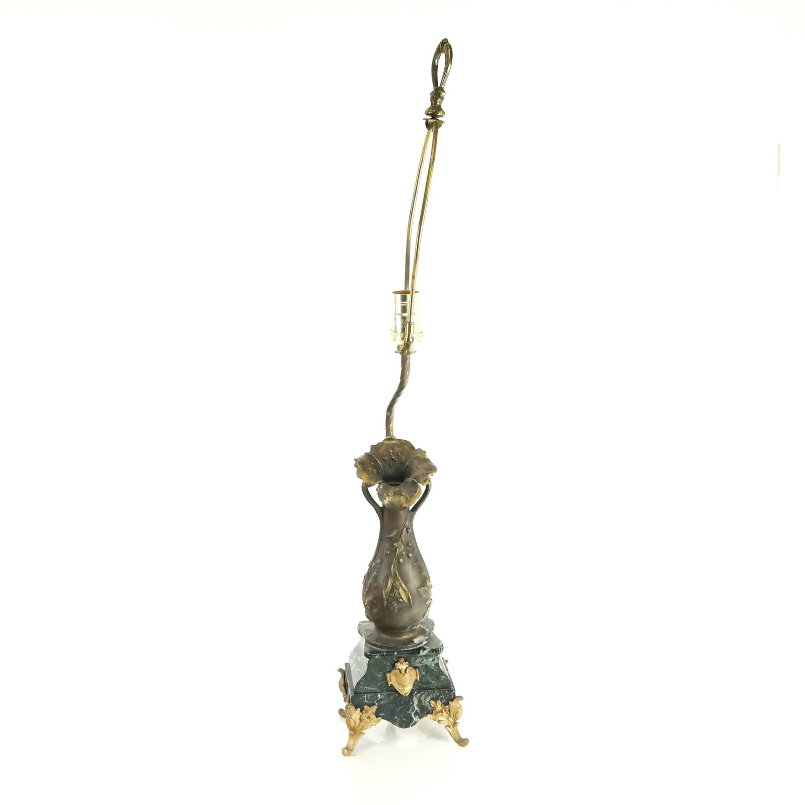 Signed "Brossy" Art Nouveau Relief Vase Lamp: Singed "Brossy" Art Nouveau relief vase lamp, early 20th century, on green marble base. [32 1/2" H x 6" W x 6" D].