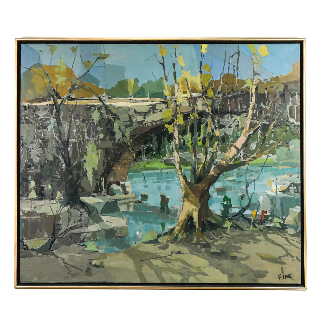 Signed "FINE": Bridge - Oil Painting: Mid-century modern style oil on canvas painting of a bridge over a river with tree in woodlands, signed lower right. [Art: 30" H x 35" W; Frame: 31 1/2" H x 36 1/2" W].