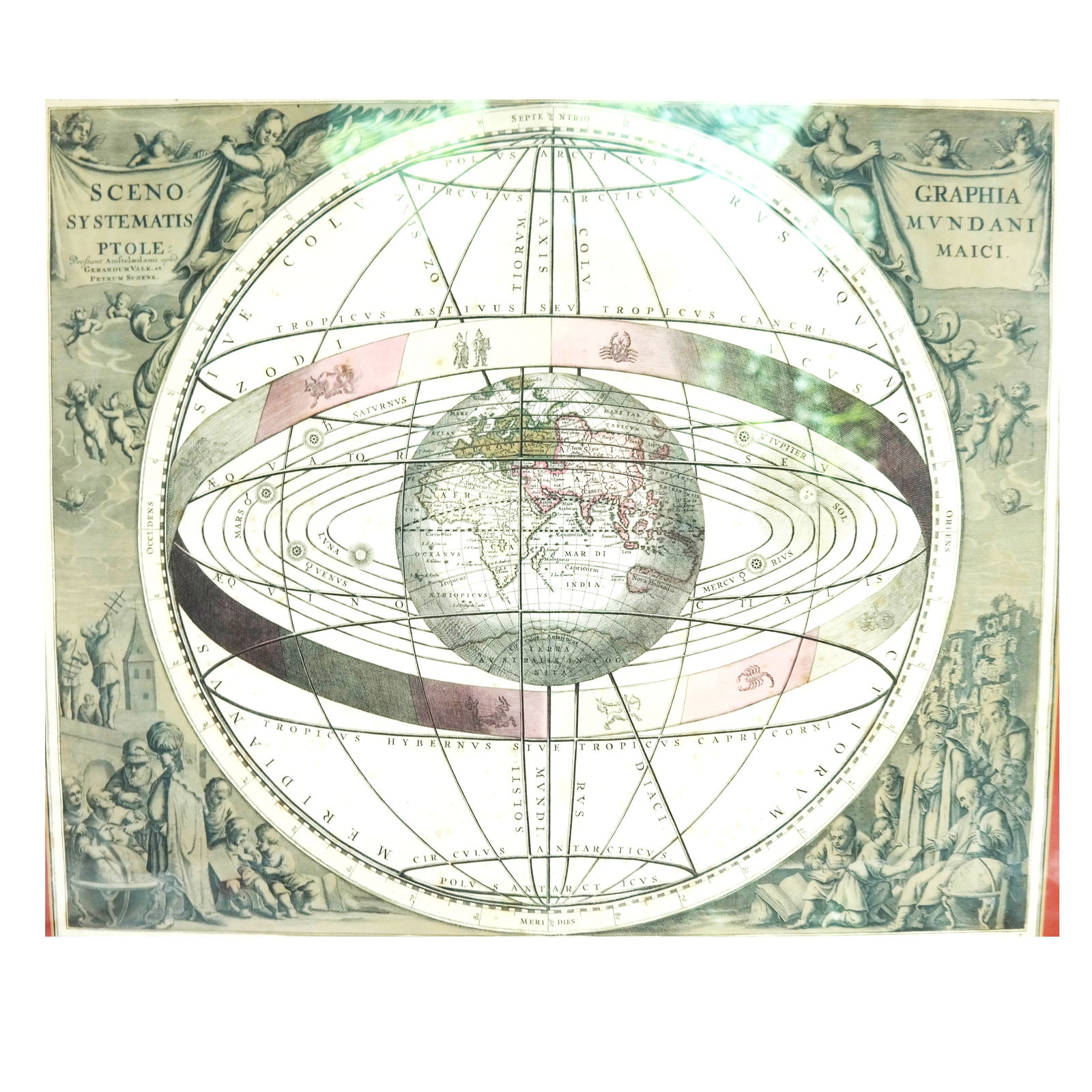 Antique Latin Map of "Globe & Zodiacus": Hand-colored celestial map of the known world with zodiac and planetary rings, with astronomers in the corners. [Art: 16" H x 19" W; Frame: 25" H x 28" W].