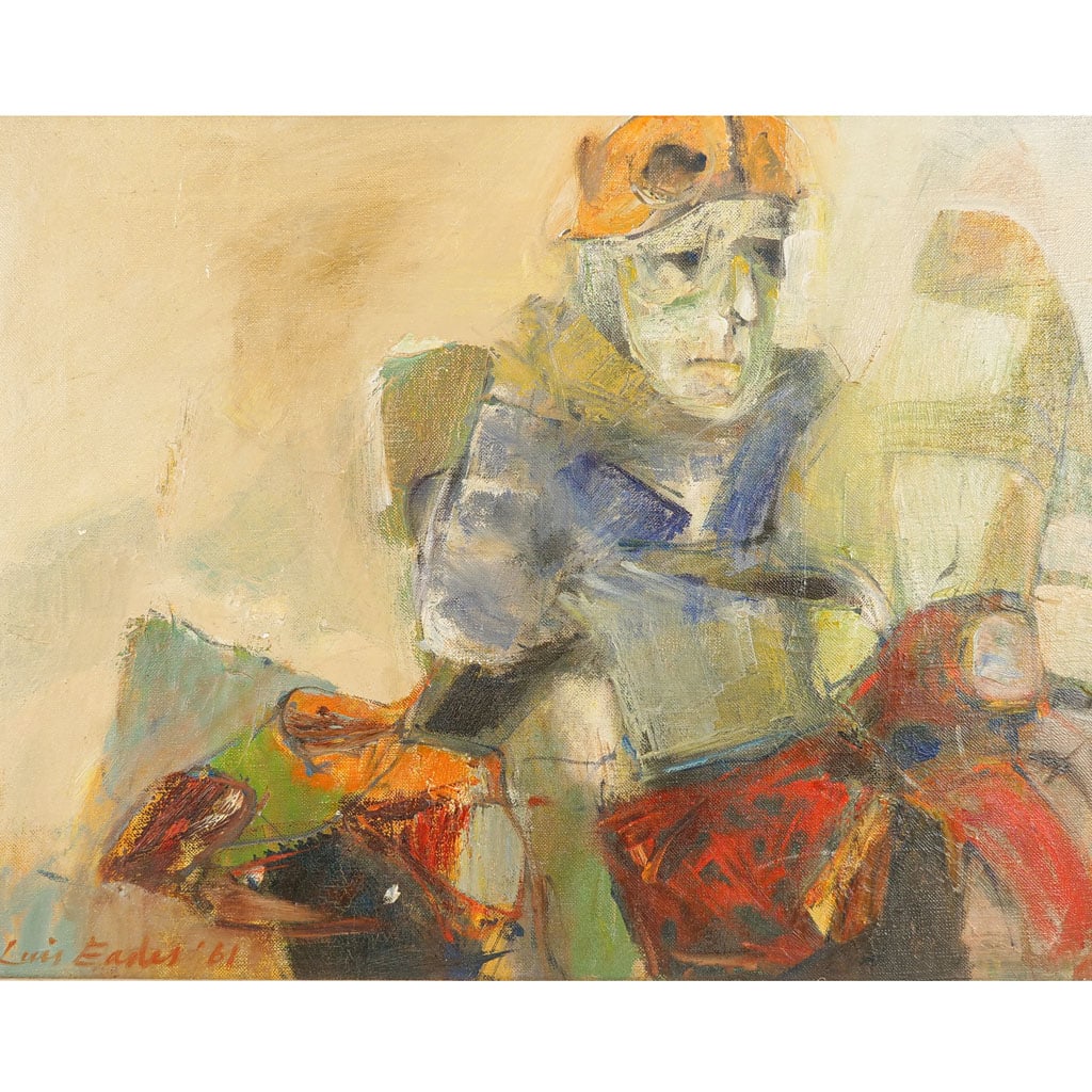Luis EADES: "Red Motorcycle" - O/C: Luis Eades (Spanish-American, 1923-2014) framed oil on canvas titled "Red Motorcycle," signed lower left and titled, dated, and labeled to verso, 1961. Provenance: From the Eileen and Marvin Reingold 