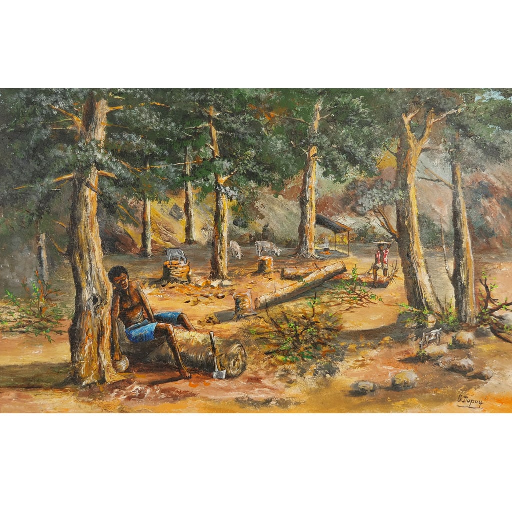 George DUPUY: Resting Lumberjack - O/C: Framed oil on canvas painting depicting a resting lumberjack taking a nap between cutting trees, signed lower right by George Dupuy. Provenance: From the Eileen and Marvin Reingold Collection. [Sight: