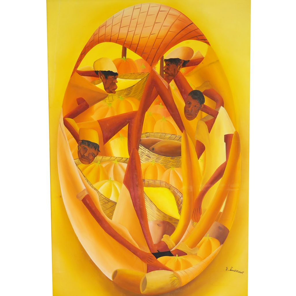 Franck LOUISSANT: Figures w/ Pumpkins - O/C: Franck Louissant (Haitian, 1949-2021) oil on canvas depicting figures with pumpkins and fish, signed lower right. Provenance: From the Eileen and Marvin Reingold Collection. [Sight: 35" H x 24" W; Fra