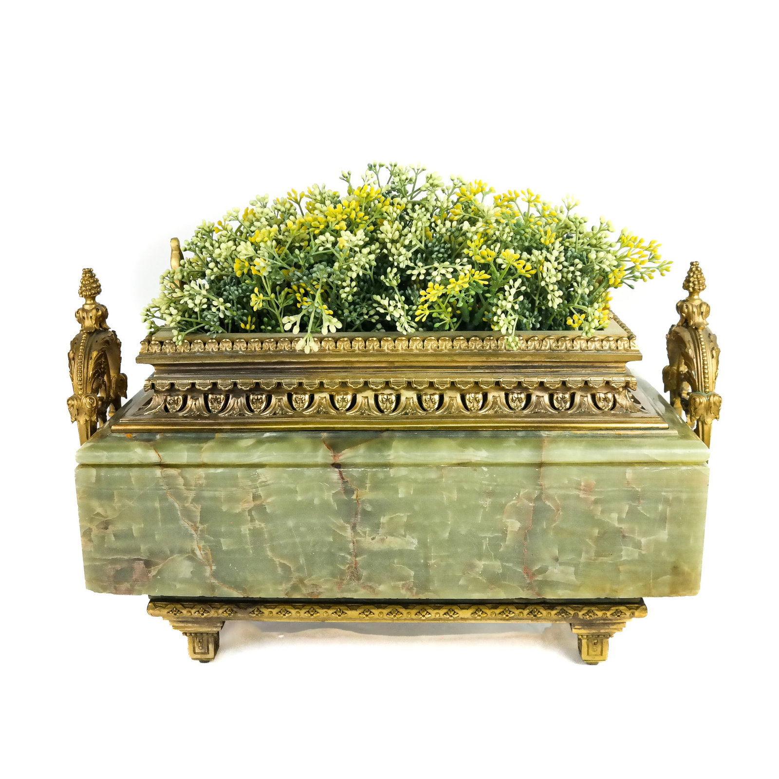 Belle Epoque Bronze & Onyx Jardiniere: Belle Epoque gilt bronze and onyx jardiniere, circa 1890, with grape and leaf motif handles and raised on foliate detail feet. [11 1/2" H x 18" W x 8 1/2" D]. Chips and restoration to edges; light oxi