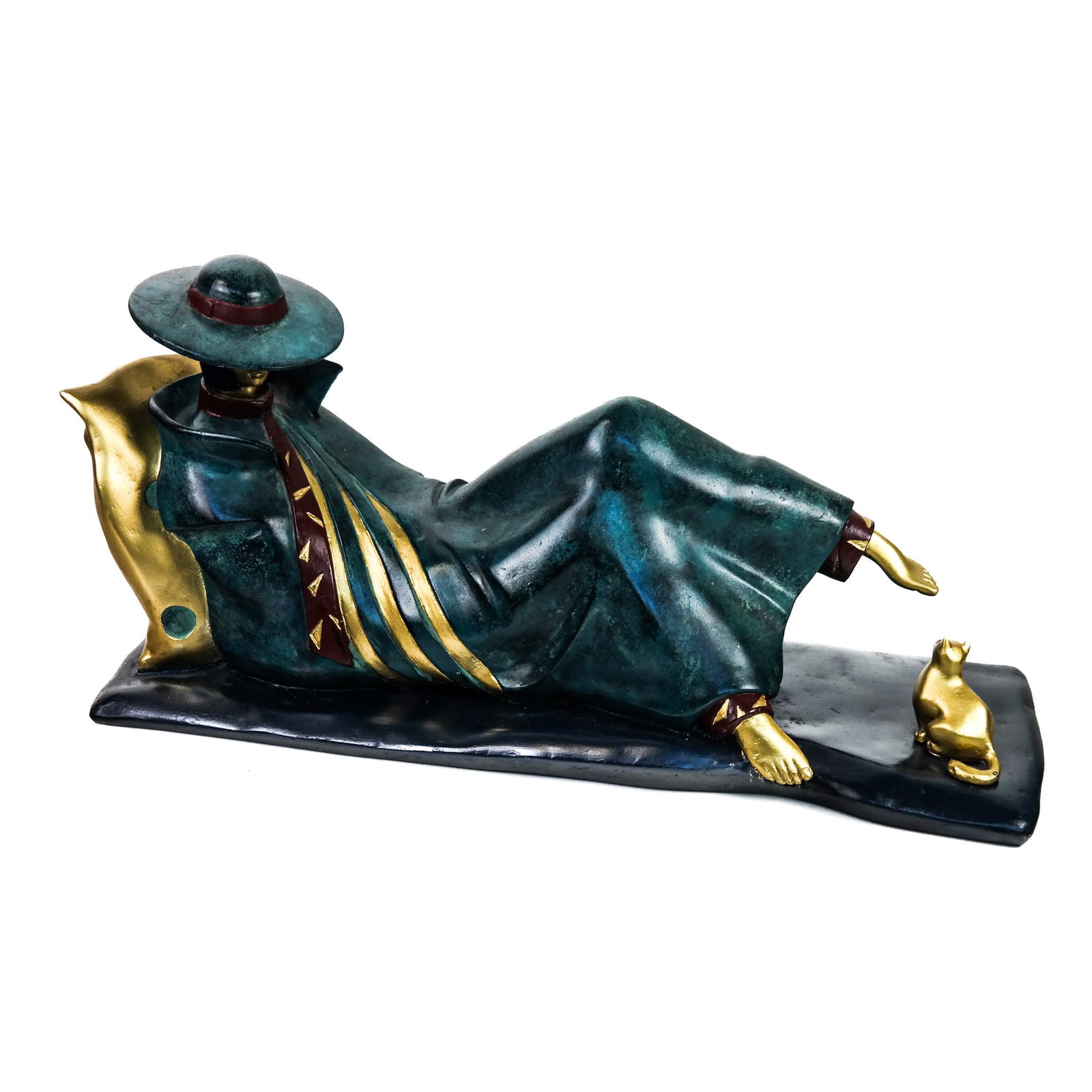 Signed Art Deco-Style Painted Sculpture: Art Deco-style painted sculpture, late 20th century, signed "Rafael 111/150", modeled as a reclining lady with a cat at her feet. [11 3/4" H x 23" W x 7 3/4" D]. Scattered marks and wear to decoration
