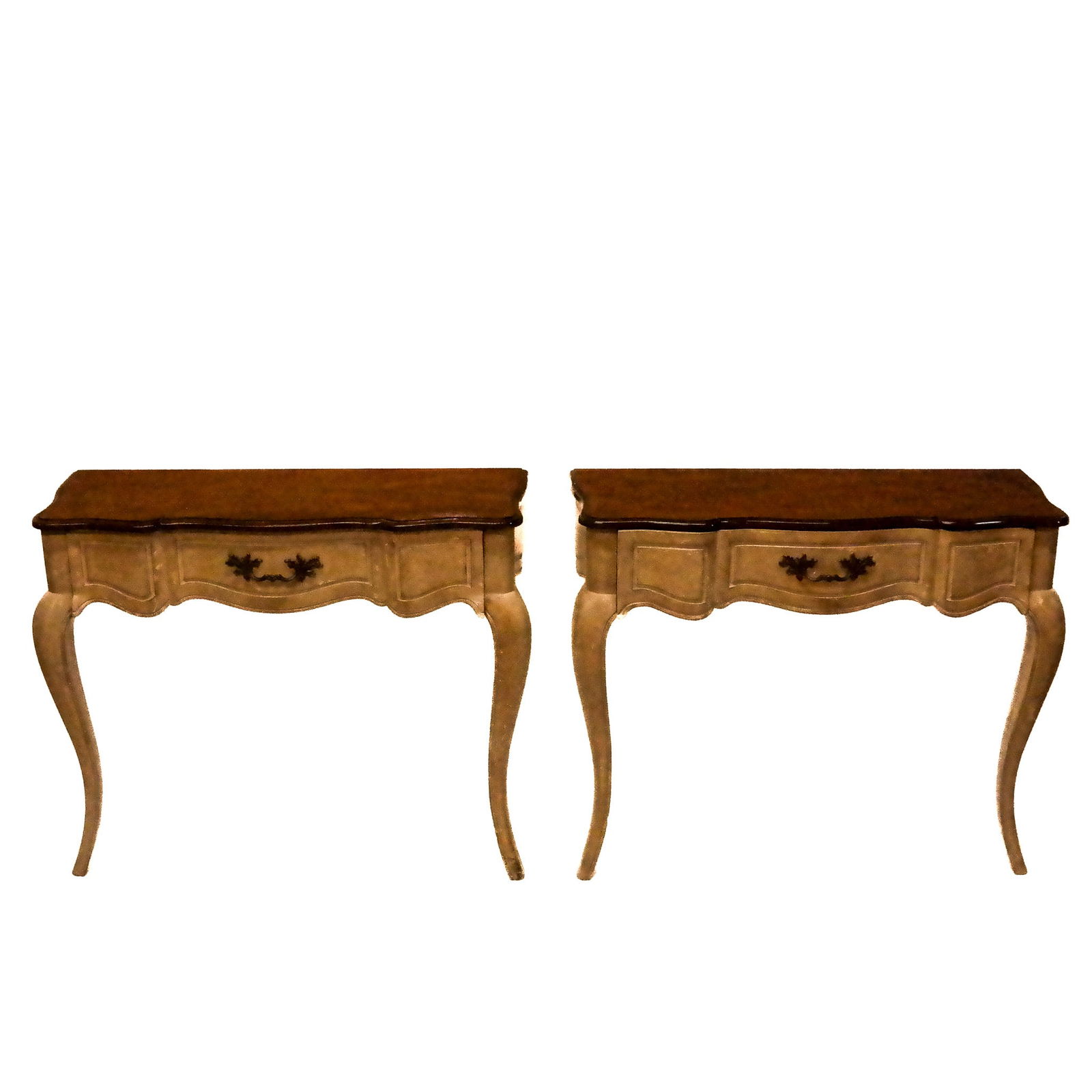 Pair of Rococo-Style Console D'Appliques: Pair of Rococo-style console d'appliques, 20th century, each with single long drawer, raised on cabriole legs. [33" H x 41" W x 15" D]. Marks to top; intentional antiqued / distressed finish, along wi