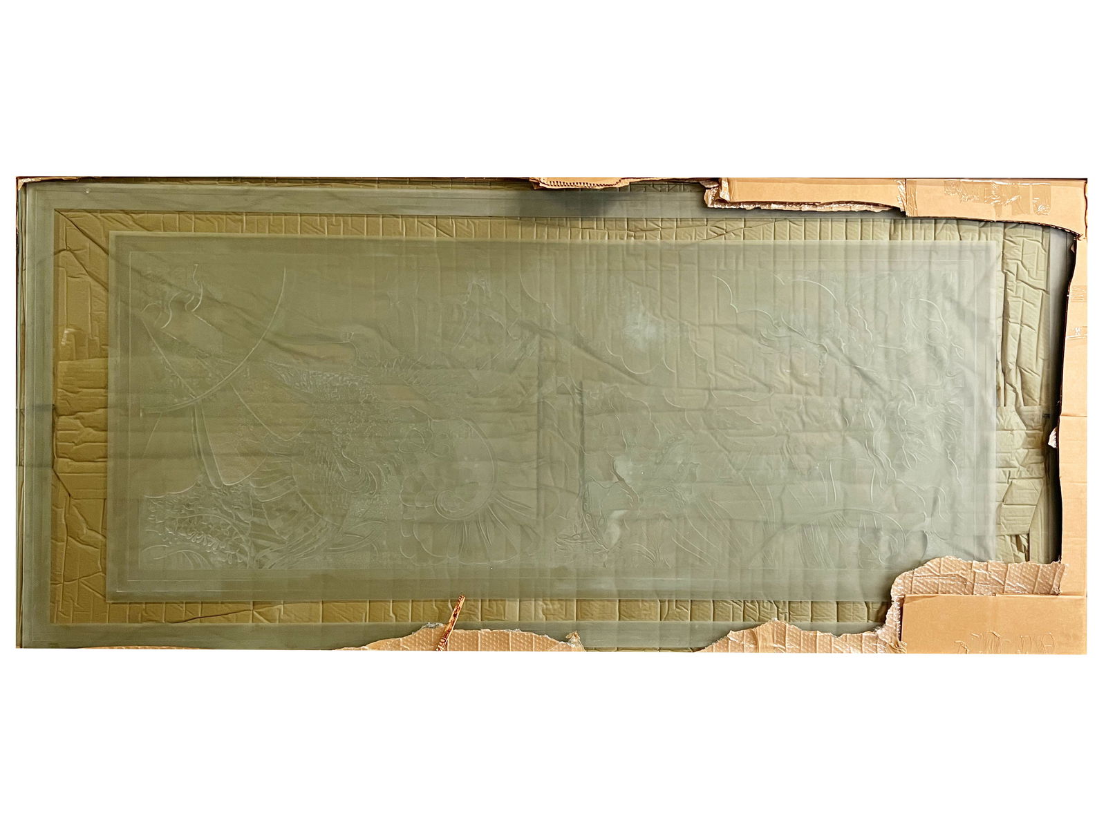 Signed "Abbe/Shefts" Art Deco Glass Table Top: Large Art Deco etched glass table top, having an interior design of nautilus and cockatoo in an Art Deco scene with three grooved straight etched outlines, signed "Abbe/Shefts" (Dennis Abbe, American,