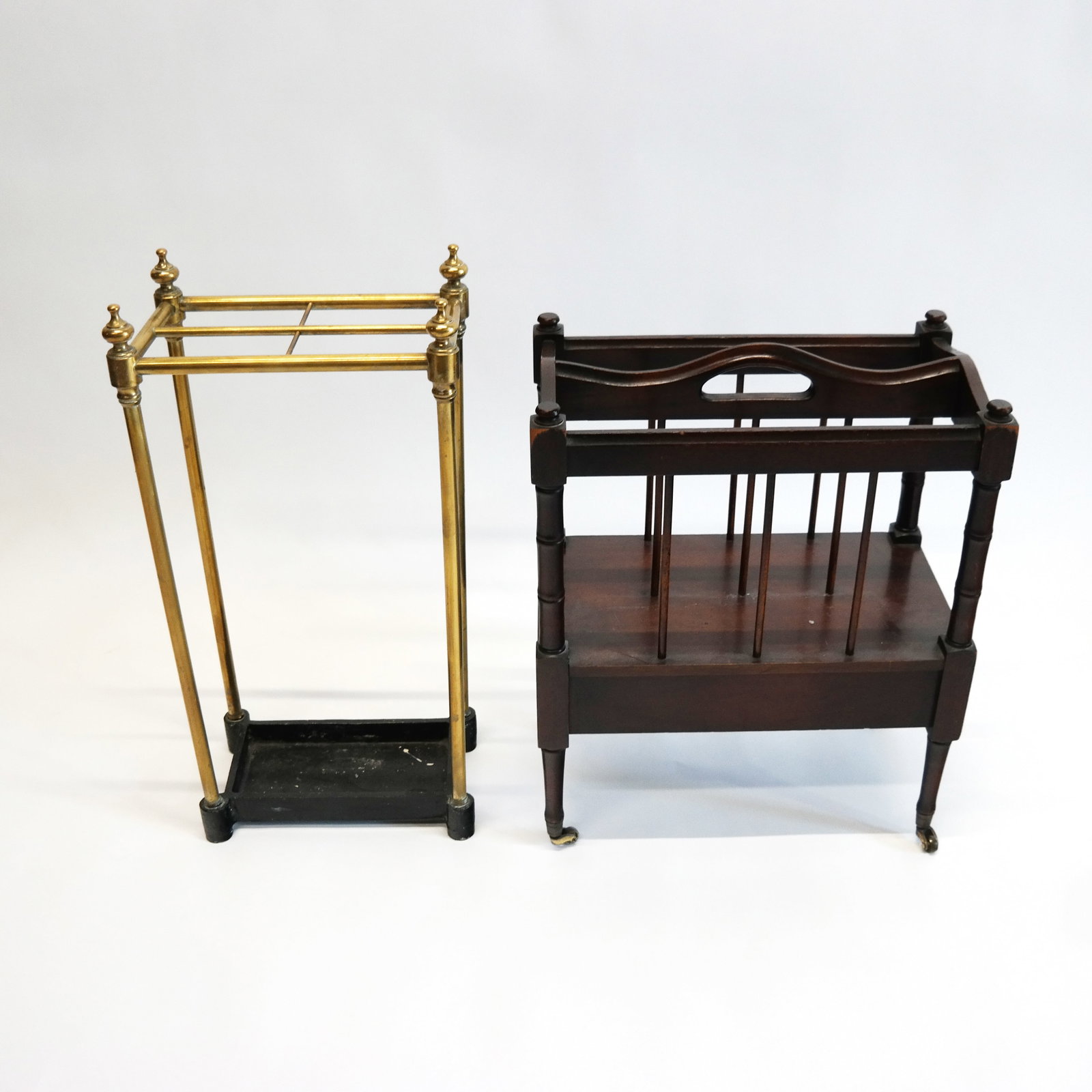 Umbrella Stand and Canterbury: Brass umbrella stand with iron base [24" H] and a mahogany Canterbury with one drawer [21" H].