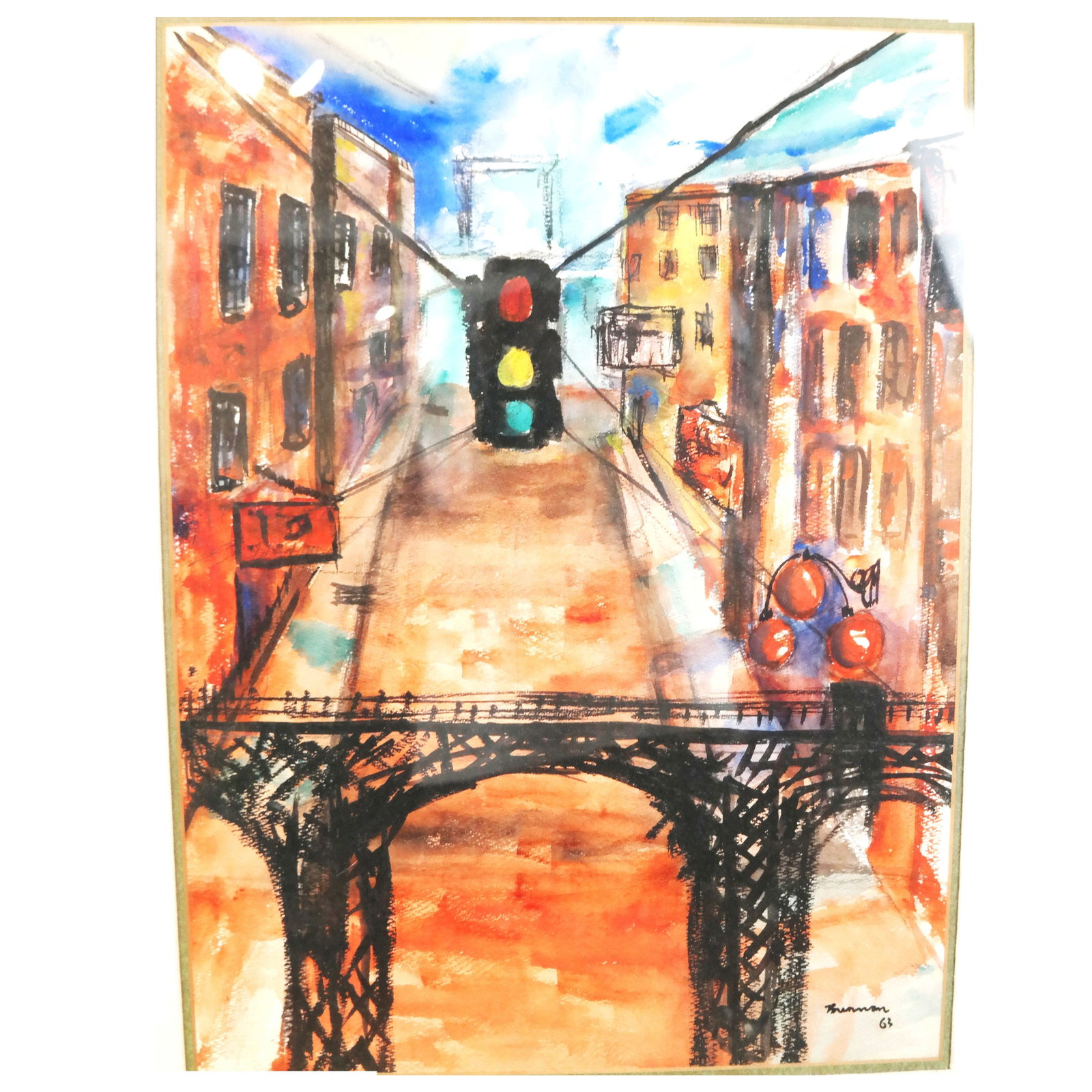 Urban Street Scene - Watercolor Painting: Watercolor on paper of an urban street scene with bridge and traffic light, signed illegibly lower right and dated '63.
