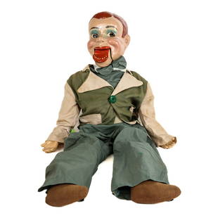 Vintage "Jerry Mahoney"-Style Doll: Vintage "Jerry Mahoney"-style ventriloquist doll, circa 1950's, as seen on The Paul Winchell and Jerry Mahoney Show. [24 1/2" H]. Numerous cracks and wear to paint decoration; wear to clothes.