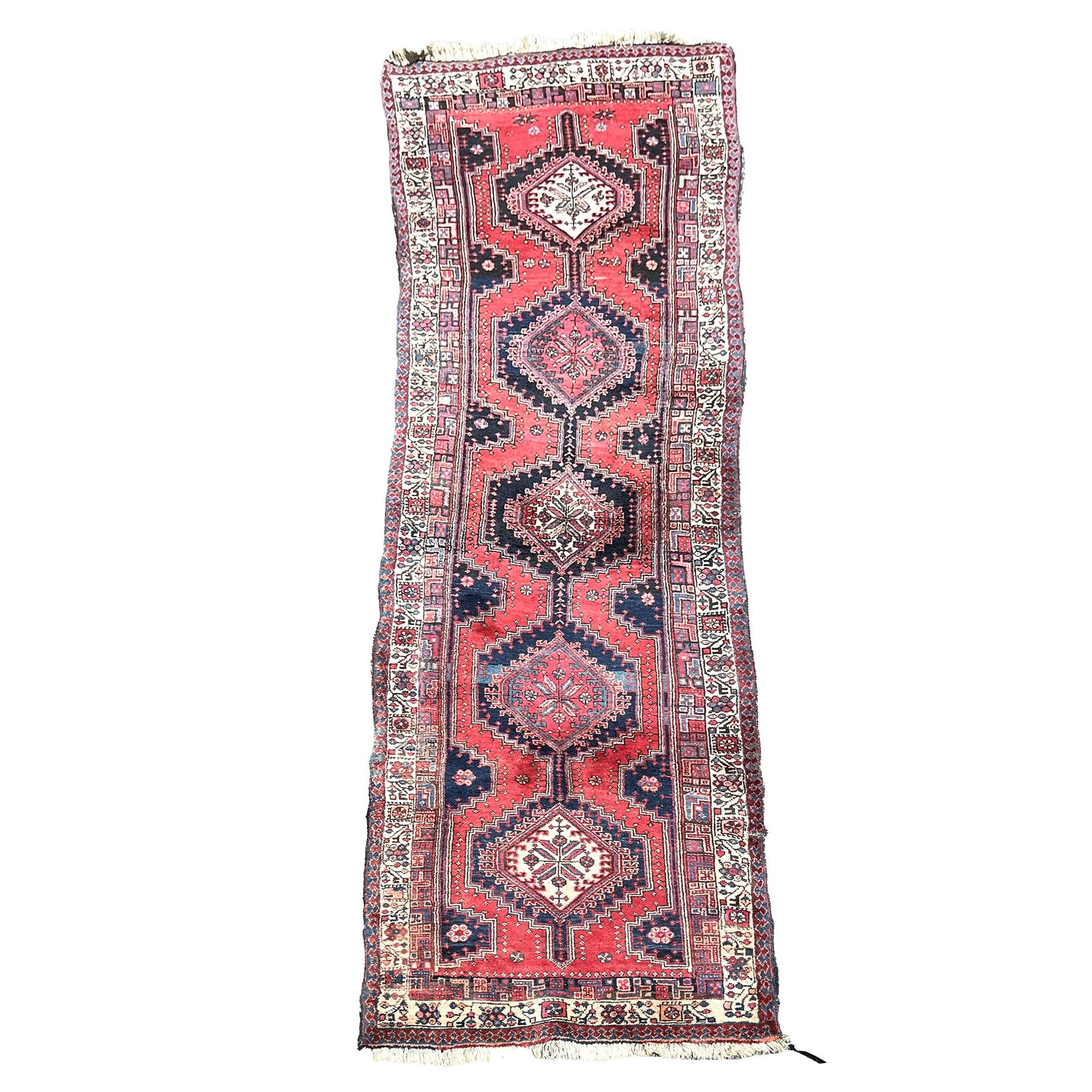 Oriental Runner: Oriental runner, having a red ground with five running medallions and tan ground with colorful border. [40" x 128"]. Cuts and repairs.