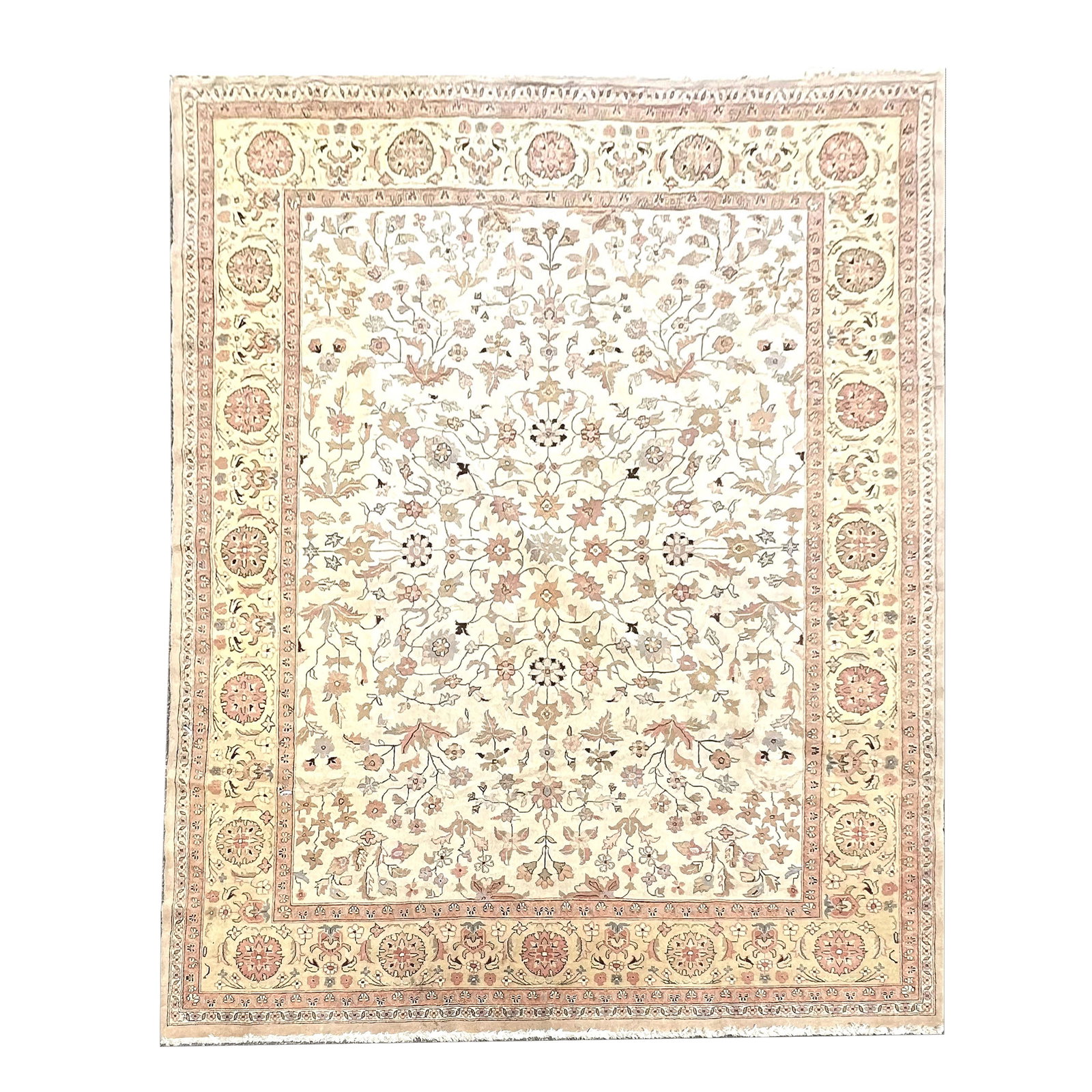 Oriental Carpet: Oriental carpet in tan and light pastel colors, with flowers and leaves on vine center, with medium tan and pink border. [99" x 121"].
