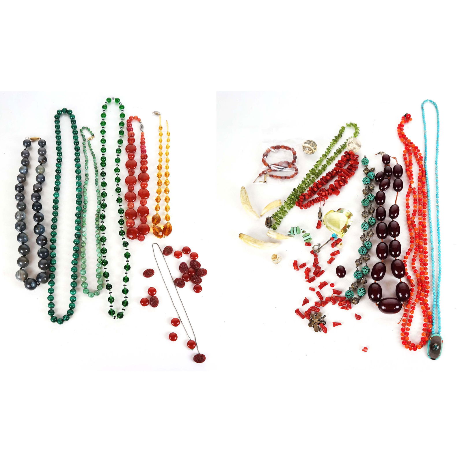 Assorted Chinese Costume Jewelry Necklaces: Assorted Chinese costume jewelry, with various stones and colors, including malachite, amber, walrus teeth, turquoise, quartz, etc.
